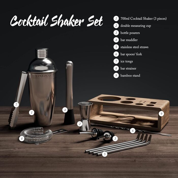 Cocktail Shaker Set with Stand & Recipe Book: Premium Stainless Steel Bar Cocktail Set, Cocktail Shaker, Measuring Jigger, Straws, Bar Spoon, Muddler | Bartender Bar Set Cocktail Accessories Gift for Women Men