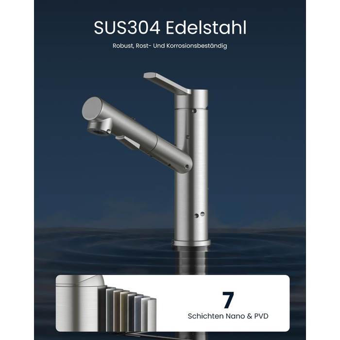 Однолеверний змішувач для кухні Dayone з висувною лійкою, нержавіюча сталь, 3 режими, 360° обертання, для кухонних мийок (15 см), матовий, преміум якість