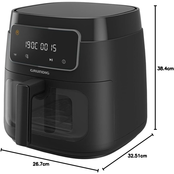 Аерофритюрниця Grundig FRY 7320, 7,6 л, 1750 Вт, сенсорний дисплей, велике оглядове вікно, регулювання температури і часу, антипригарне покриття, кошик для посудомийки, чорна