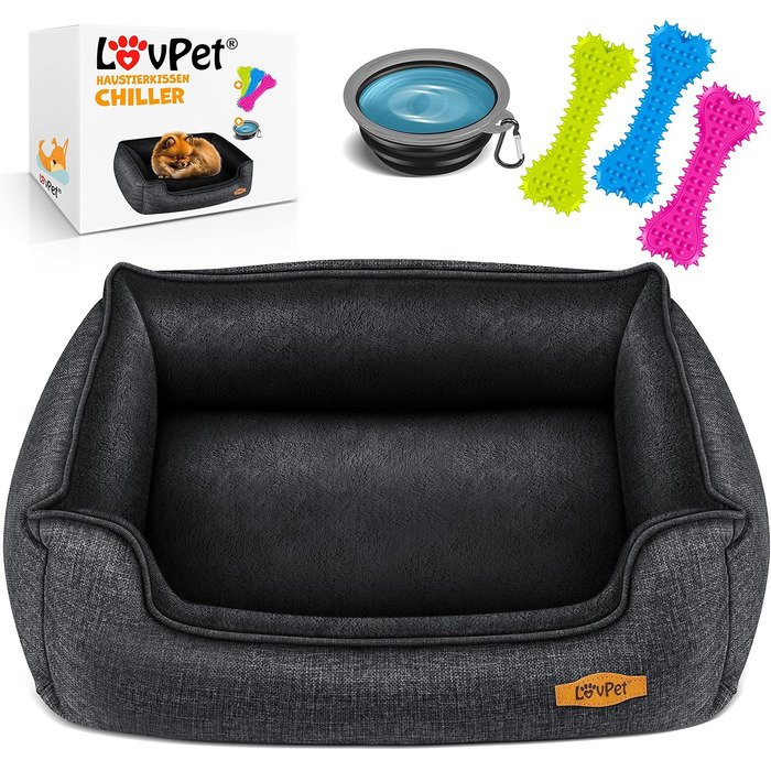 Lovpet® Dog Bed Dog Cushion Dog Basket Chiller, Incl. Bowl + 3X Chew Bones, Dog Sofa Cushion for Small, Medium & Large Dogs, Removable and Washable Cover, L 90 x 75 x 25 cm (L (90 x 75 x 25 cm), Anthracite)