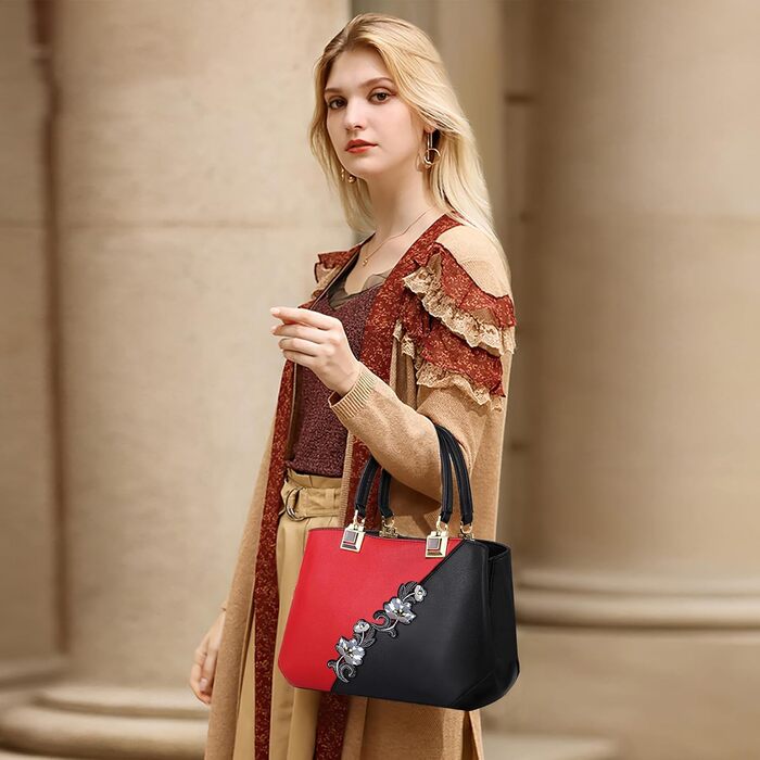 Сумка жіноча DIRRONA велика – сумка через плече та шопер з квітковою вишивкою та помпонами, червона. Для роботи, відпочинку, подорожей, офісу, вечірок та весіль