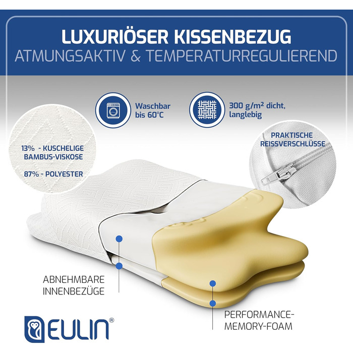 Ортопедична подушка для шиї EULIN® з преміальної піни Memory Foam, ергономічна, сертифікат IGR