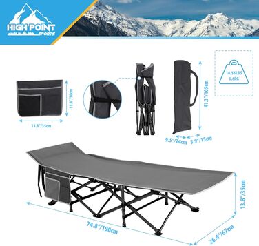 Розкладне ліжко для кемпінгу HIGH POINT SPORTS XXL (270 кг), стабільне, легке, для дорослих, з сумкою та кишенею, 190 x 67 x 35 см (сірий)