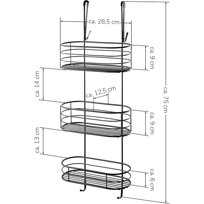 Bremermann Shower Shelf, 3 Tiers, for Hanging, with Removable Hook and Four Fixed Hooks, Black