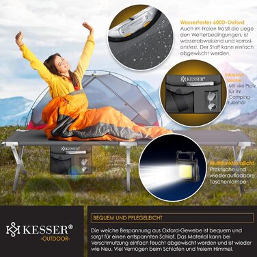 Кемпінг-ліжко KESSER® Klappbett з сумкою, ліхтарем та кишенею, 210 см, сталевий каркас, 600D Oxford, до 150 кг