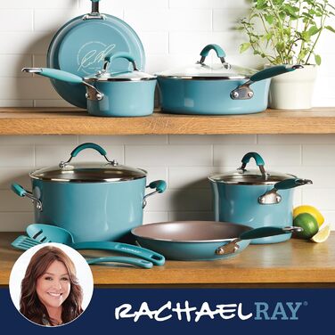 Набір посуду Rachael Ray Cucina з антипригарним покриттям, каструлі та сковорідки, алюміній, колір Agave Blue