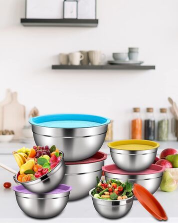 Set of 7 stainless steel bowls with colorful lids, mixing bowls, salad bowls, stackable for minimal storage, essential cooking, kitchen utensils