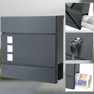 Поштовий ящик Monzana XXL з газетницею та оглядовим вікном, сталевий, антрацит, з ключем (2 ключі), для настінного монтажу