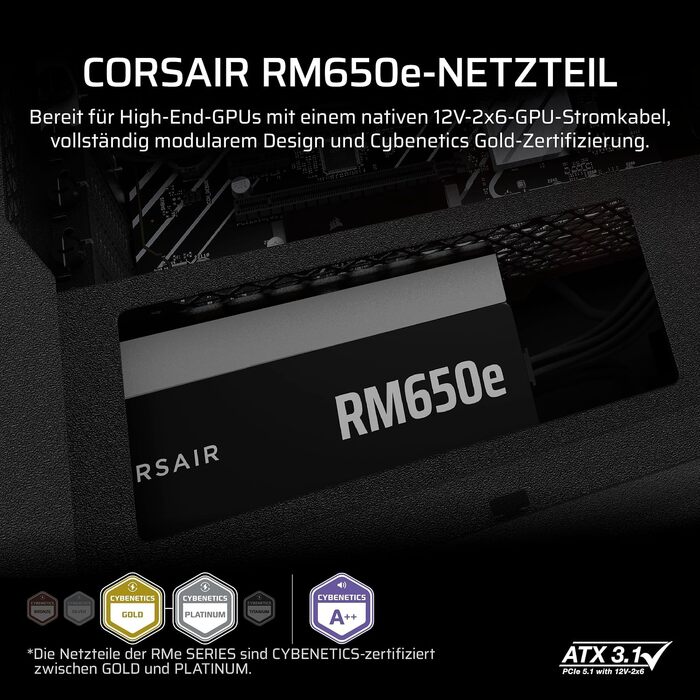 Блок живлення Corsair RM650e (2025) 650W, повністю модульний, ATX 3.1, PCIe 5.1, 12V-2x6, Cybenetics Gold, низький рівень шуму, чорний
