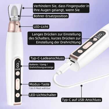 Електричний набір для манікюру та педикюру Nagelfräser: 11 насадок, 9 швидкостей, до 10000 об/хв