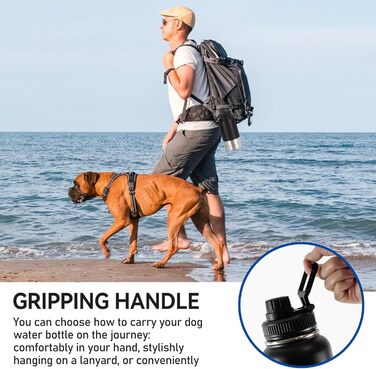 Водяна пляшка для собак на 950 мл з мискою – ізольована сталева пляшка для води, портативна, BPA-free, для подорожей та прогулянок (Чорний, L)