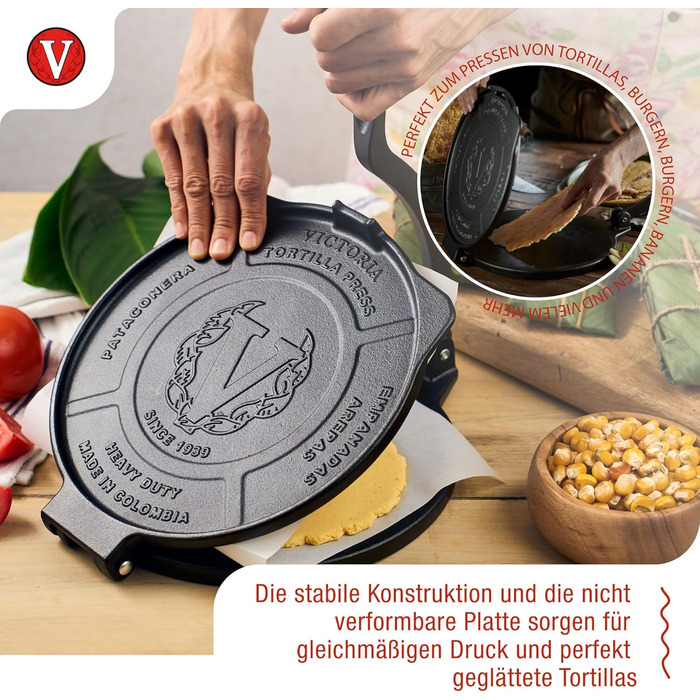 Пресс для тортилій Victoria, чавун HD, 20 см - для мексиканських тортилій, тако, арепа, кесадилья, емпанада, патаконе