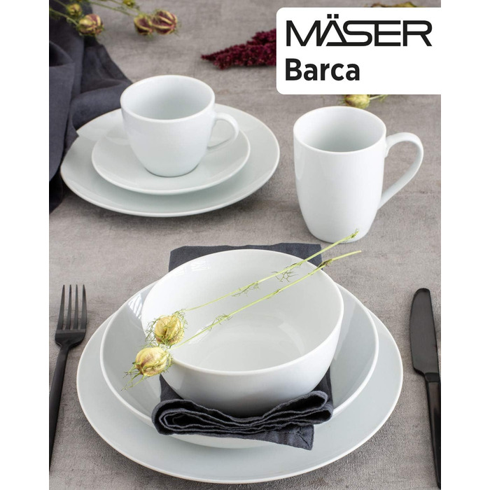 MÄSER Barca Series, Extensive Dinnerware Set for 8 People, 68-Piece Combination Service in a Modern, Rimless Shape, Round, White Complete Service 68-Piece, 8 People.