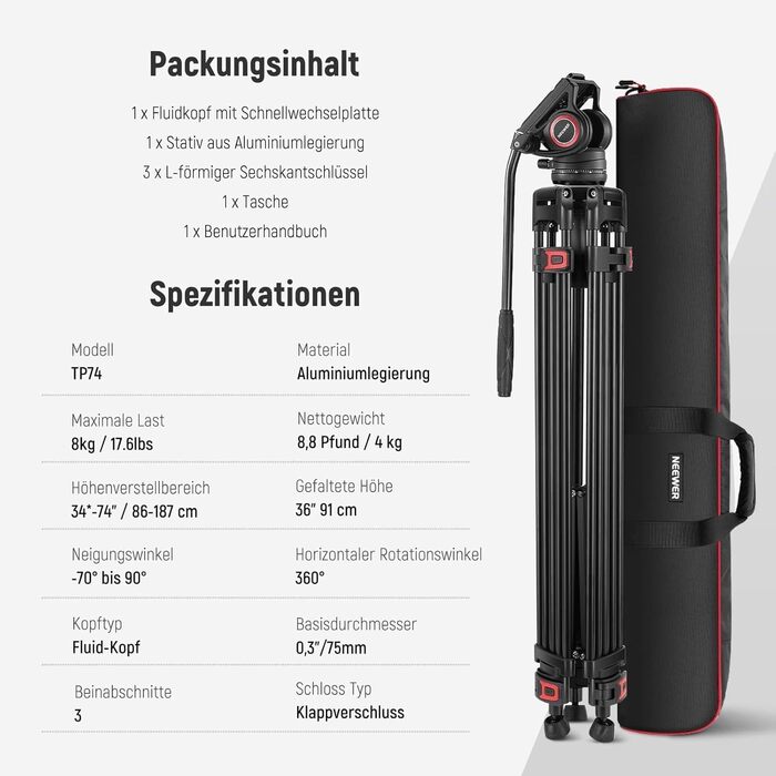 NEEWER Професійний штатив для відео 74' з Fluid-головкою, QR-платівкою, сумісний з DJI RS, для DSLR, максимальне навантаження 8 кг