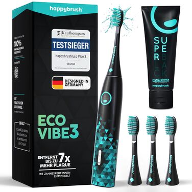 Електрична звукова зубна щітка happybrush® Eco Vibe 3 – Тест-переможець – 100 днів тестування. Звукова щітка з акумулятором на 8 тижнів, 2 роки гарантії. В комплекті насадки. Чорний/М'ятний колір. Набір з насадками