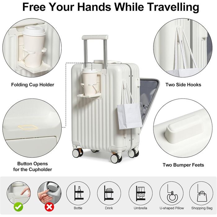 Валіза ручної поклажі Sea Choice з жорстким корпусом з PC, відділенням для ноутбука, USB-портом, 8 колесами Spinner, TSA замком та тримачем для напоїв (білий)