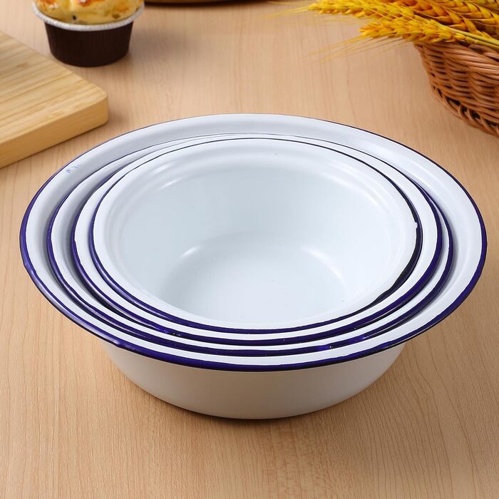 BESTonZON 4-Piece Enamel Soup Bowls, Enamel Basin, Enamel Bowl, Grease Pot with Lid, Enamel Mixing Bowl, Enamel Dishware, Four Sizes, Salad Bowl, Ramen Bowl