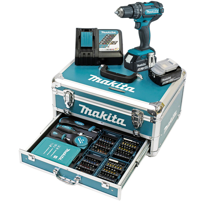 Ударний дриль-шуруповерт Makita DHP482RFX9 18V, 3.0 Ah, 2 акумулятори + зарядний пристрій в алюмінієвому кейсі, Petrol, комплект з 96 аксесуарів