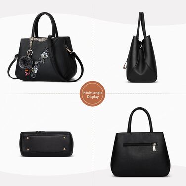 Сумка жіноча DIRRONA велика – сумка через плече та шопер з квітковою вишивкою та помпонами, чорна. Для роботи, відпочинку, подорожей, вечірок та весіль