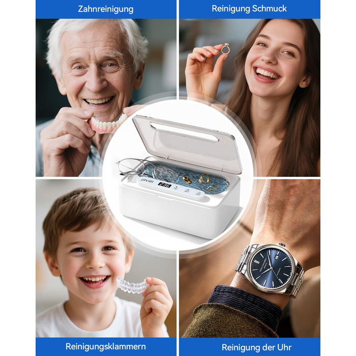 Ультразвуковий очисник Phniti 47 кГц: для окулярів, ювелірних виробів, зубних протезів. 3 режими, портативний, 330 мл, білий