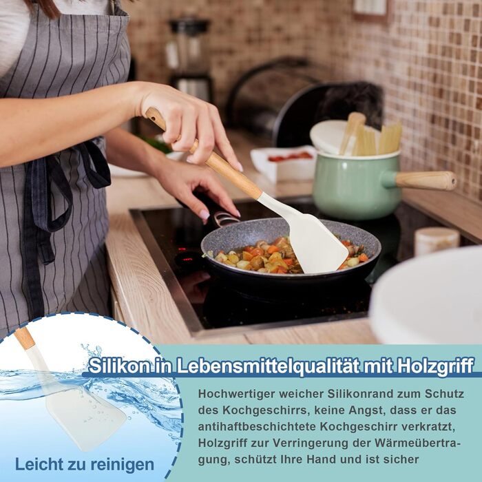 Набір кухонних аксесуарів Homikit 9 шт. з дерев'яною ручкою, чорний, з підставкою, антипригарне силіконове кухонне приладдя