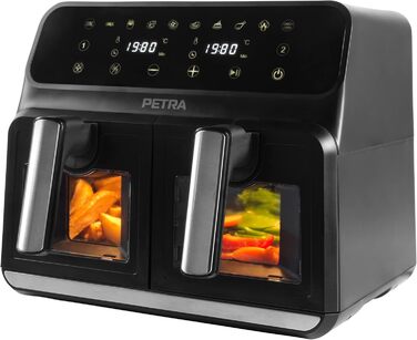 Двокамерна аерофритюрниця Petra PT5196GWVDE 7,6 л, без олії, 1700 Вт, подвійна шухляда з оглядовими вікнами, антипригарні кошики, 10 програм