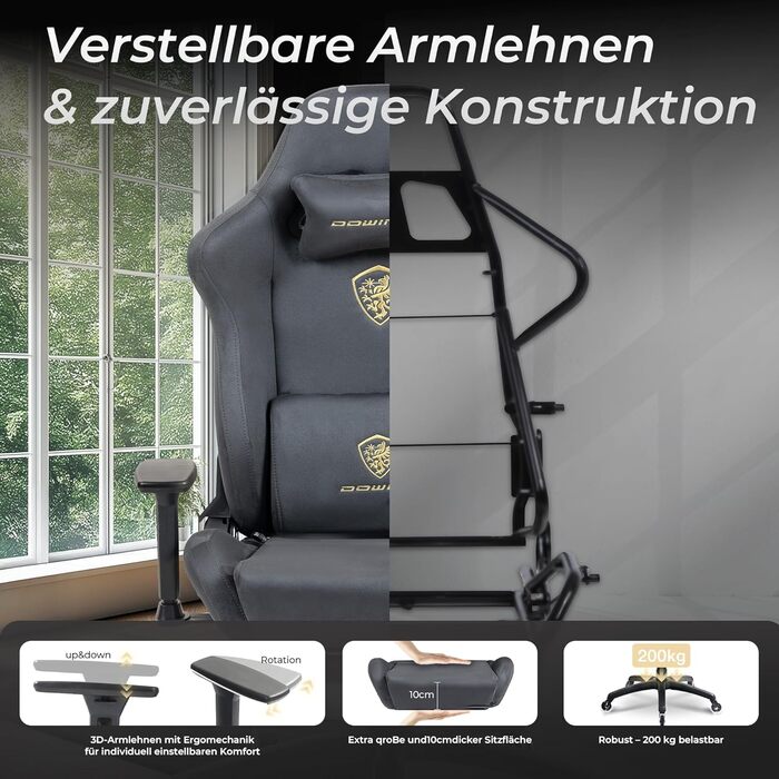 Ігровий крісло Dowinx з мікрофібри: дихаючий, ергономічний, з підніжкою (світло-сірий)