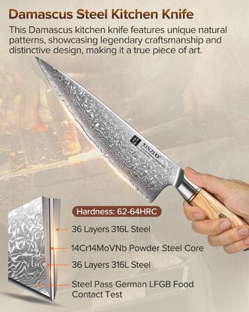 Професійний шеф-ніж XINZUO Lan Series Gyuto 21.2 см, кований дамаск із порошкової сталі (73 шари), ергономічна ручка з оливкового дерева