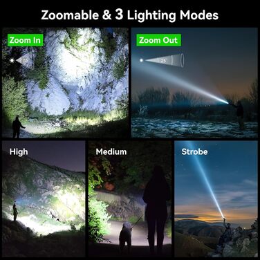 Тактичний ліхтарик Gearlite: перезарядна LED лампа 3000 люмен з зумом, 3 режими, водонепроникний IP65, для кемпінгу, риболовлі, тактики