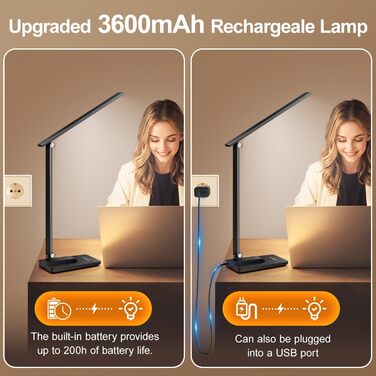 LED лампа настільна для дому та офісу, 15 режимів, денне світло, 1000LM, регулювання яскравості, 3600mAh, чорний колір