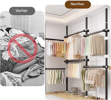 Телескопічна система для гардеробу, штанга для одягу з 6 штангами, телескопічний шафа для одягу з 2 гачками, регульована полиця 110-300 см, для дому та магазину одягу, білий (чорний)