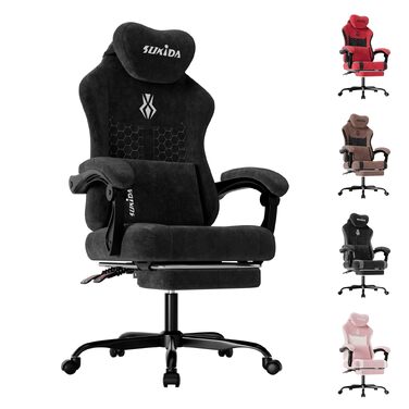 Ігрове крісло SUKIDA Ergonomic Pureblack: ергономічний офісний стілець з підскладною підставкою для ніг, підголівником та поперековою підтримкою, тканинна оббивка