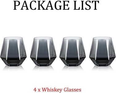 Diamond Whisky Glasses 4-Piece Set, Tilted Scotch Glasses, 300 Ml, Modern Look for Men, Women, Dad, Husband, Friends, Glassware for Bourbon/Rum/Bar Tumbler, Smoke Grey 4