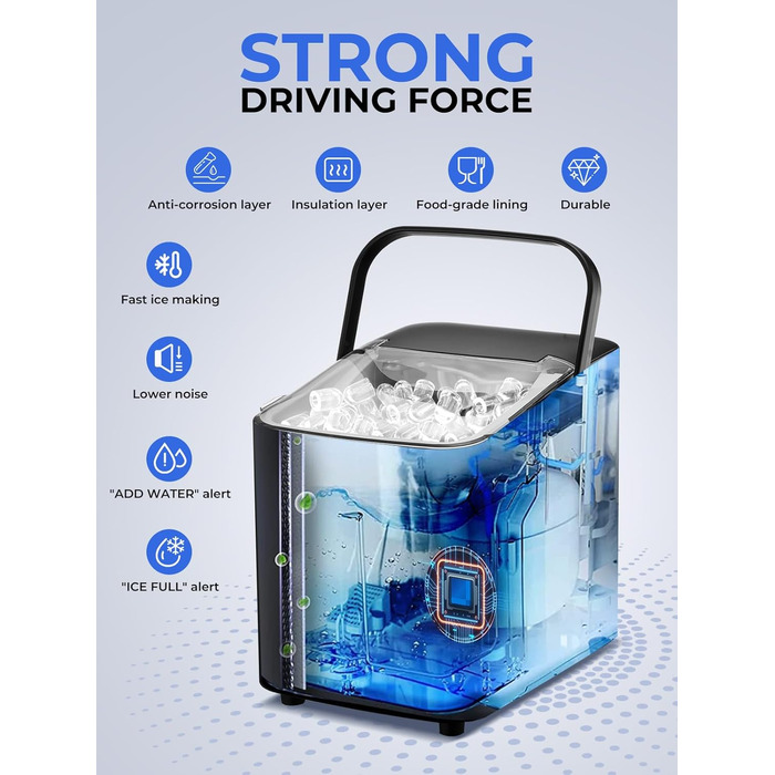 FOHERE Ice Maker - Fast Ice in 5 Minutes, 14kg/24h Capacity, Self-Cleaning, 2 Sizes, Portable for Kitchen, Office, Bar & Party (Black)