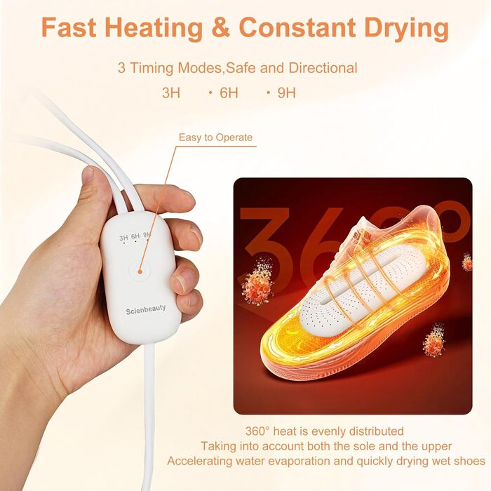 Scienbeauty Electric Shoe Dryer with Intelligent Timer, Shoe Warmer, Effectively Eliminates Odors and Antibacterial, Shoe Dryer for Shoes, Ski Boots, Gloves (EU Plug)