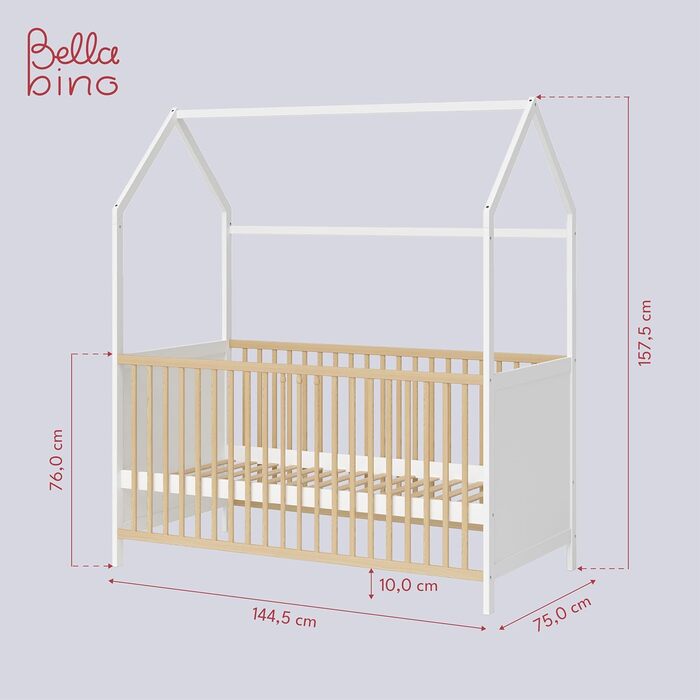Bellabino Nika Babybett in Hausoptik 70 x 140 cm, crib and house bed for children and babies made of solid pine wood in blue, 3-fold height adjustable including slatted base.