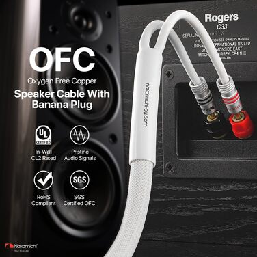 Акустичний кабель Nakamichi 12AWG з банановими роз'ємами 24K Gold, безкиснева мідь (OFC), у білому обплетенні, 3.0м, 2 шт.