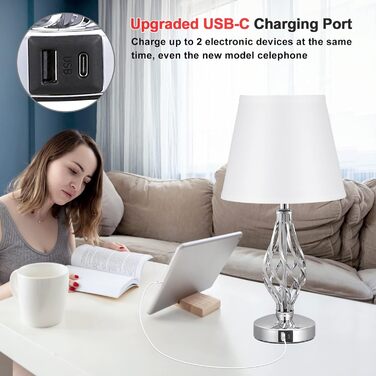 Настільна лампа Kakanuo 2 шт. з USB-портами (A+C), регульоване освітлення, сірий абажур, LED, для спальні, вітальні, офісу