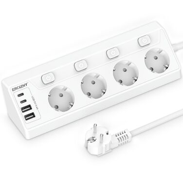 Мережева розетка з 2 USB-C (PD 20W) та 1 USB-A, трьохсекційна з вимикачем, захист від перенапруги, зручна для зберігання, розподільник для подорожей, кабель 1,5 м (кутова розетка)