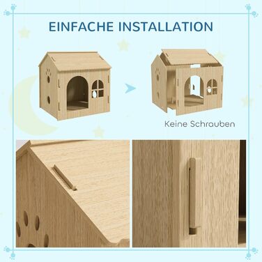 PawHut Indoor Pet House with Window - Wooden Dog & Cat Bed, No-Screw Assembly, Small Pets Up to 4kg, Oak Finish