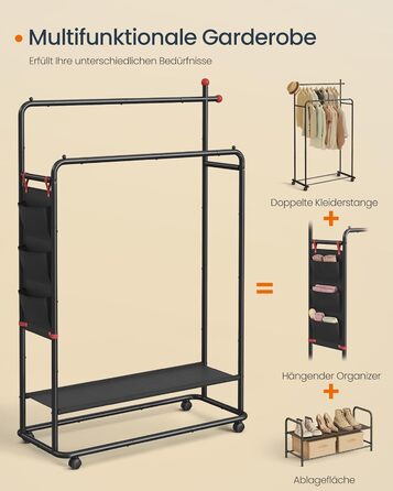 SONGMICS HOME Rolling Garment Rack, Coat Rack, 2 Clothes Rods, Shelf, Side Organizer, Match-Shaped Hooks, Stable, Bedroom, Hallway, Ink Black HSR171B01