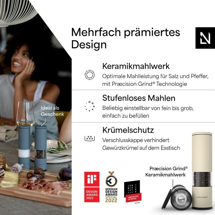 Набір ручних мельниць для солі та перцю LARS NYSØM з регульованою керамічною жорнами | Мельниці з нержавіючої сталі | Дизайнерський набір спецій (2 шт.) (Коричневий/Бежевий)