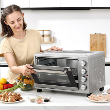 HOMCOM Mini Oven 32L, 1600W, Electric Oven with Grease/Drip Tray, Stainless Steel & Glass, Silver, 52.2x38.1x33.5cm | Aosom
