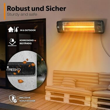 Інфрачервовий нагрівач TRESKO 2500W з пультом дистанційного керування | Тепловий нагрівач для тераси, електричний, 3 режими | Тепловий нагрівач для тераси та приміщення | Настінний інфрачервовий нагрівач з LED-дисплеєм, кварцовий, чорний