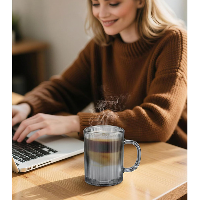 Набір кавових чашок 4 шт. 350 мл для капучино, лате макіато з ложками (сірий)