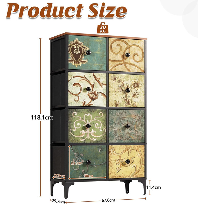 LYNCOHOME Chest of Drawers Cabinet with 8 Fabric Drawers, Sideboard with Fabric Drawers, Drawer Unit for Kitchen, Office, Hallway, TV Stand with Fabric Drawers