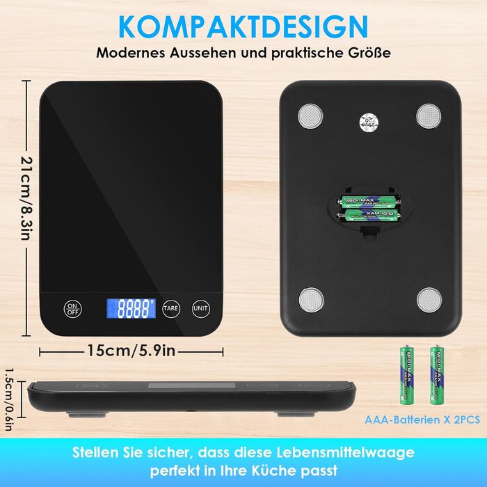 Кухонні ваги Gaethra: цифрові, 15 кг, точність 1 г, з функцією тарування, для продуктів, з батарейками