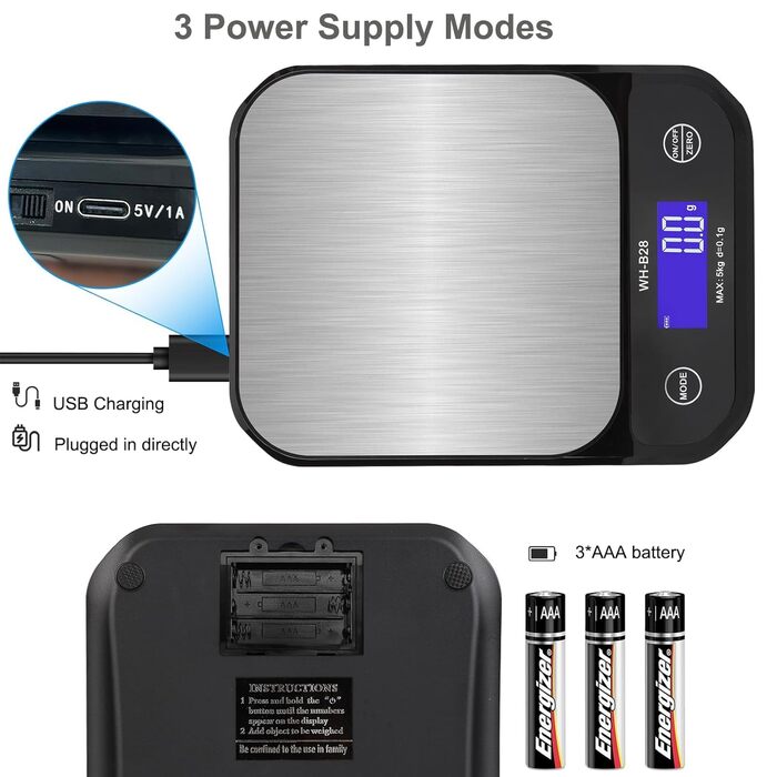 Водонеробочі кухонні ваги 3T6B IP67, USB, 5 кг/0.1 г, LED-дисплей для приготування їжі та випічки