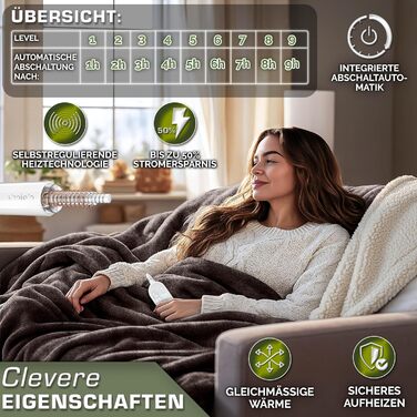 Електрична ковдра Sinnlein® з автовимкненням 200x180 см | 9 температурних режимів | Ковдра для ліжка та дивана | Таймер, цифровий дисплей, світло-коричнева