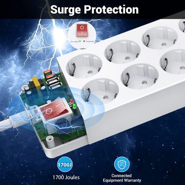 Мережевий фільтр 12-разовий з USB-C, перенапруження до 1700 Дж, з вимикачем, 4 USB-порти, 10 розеток, чорний, для кріплення на стіну, 1,5 м